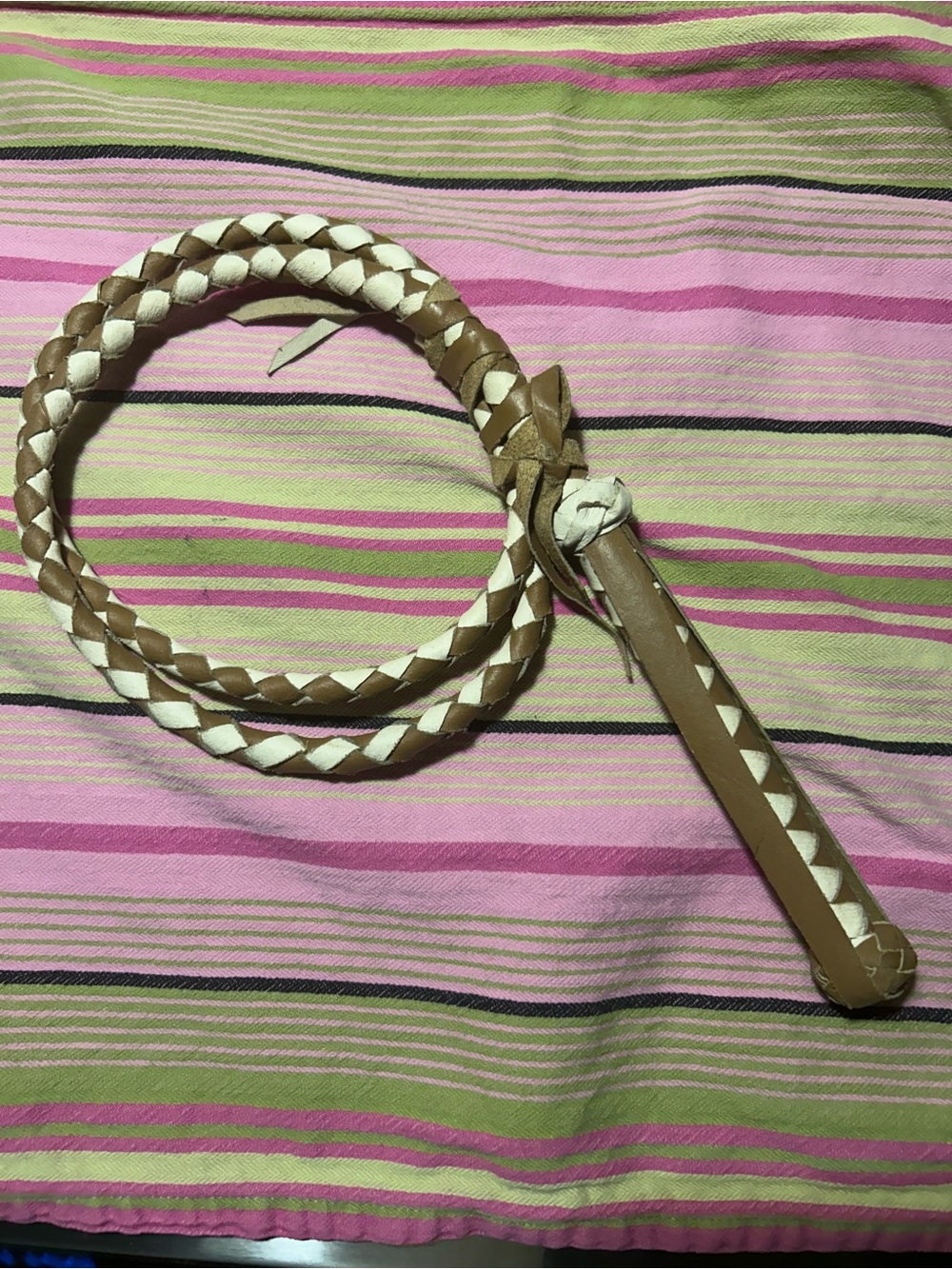 Antique Braided Leather whip. Perfect shape - Tan and White. 4 ft. NWT